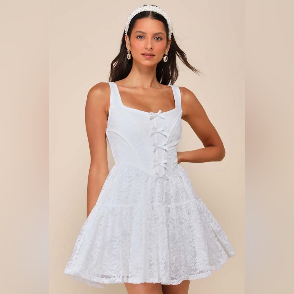 NWT ✨ Truly Flawless White Lace Sleeveless Bow Bustier Mini Dress